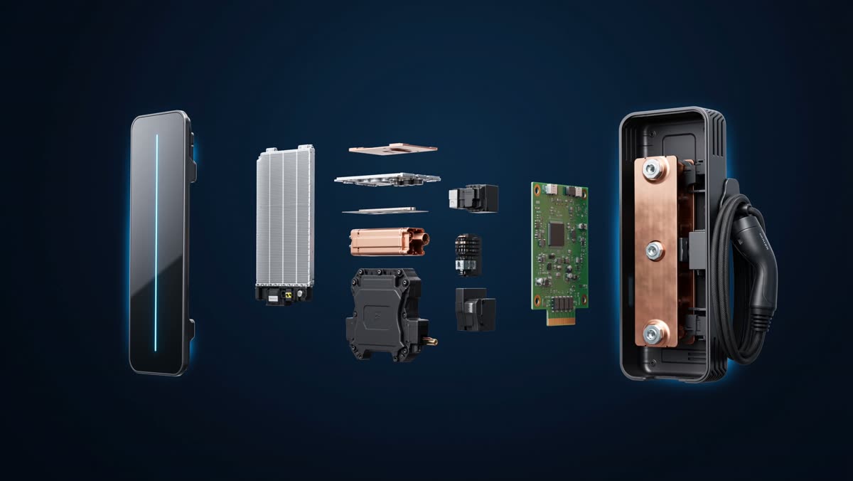 The EV Pro charger shown disassembled, with the glass fascia, fin stack, copper busbar, contactor, sensor board and liquid cold plate laid out in a row.